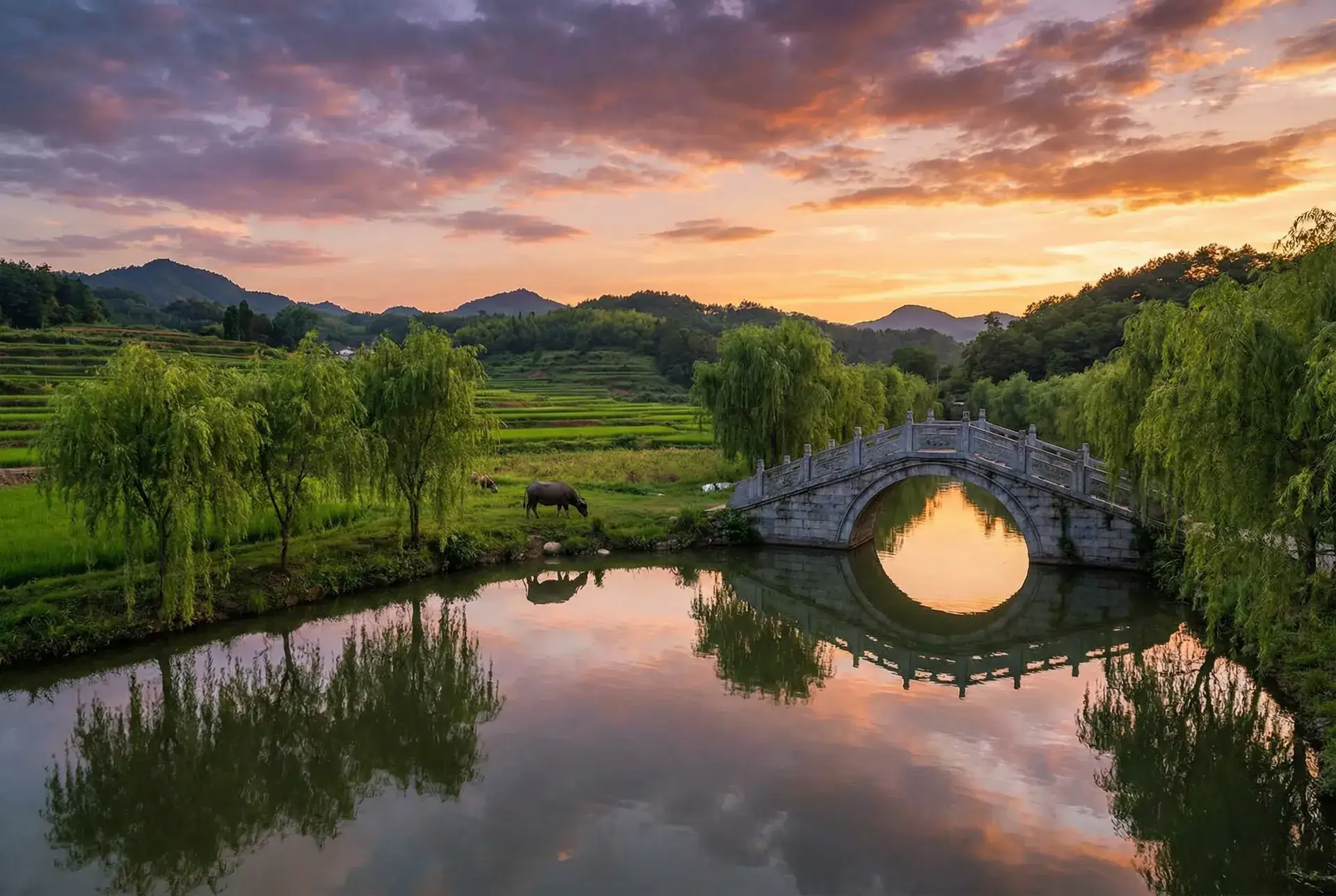 夕阳下的石拱桥与垂柳，水牛在河边吃草 - 9玄黄9.1 安装 乡村美景